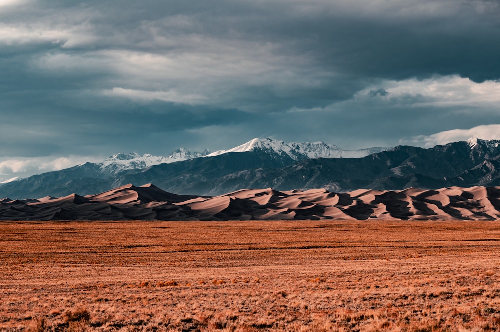 brown field near snow covered mountain under cloudy sky during daytime