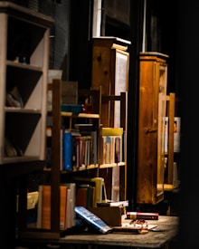 A cozy interior scene with wooden bookshelves filled with books. Warm lighting accentuates the texture of the wood, creating a rustic and inviting atmosphere. Various books and small objects are scattered on a table, adding to the eclectic charm.