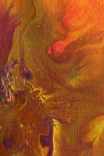 An expressive abstract piece blending warm oranges and yellows with thick, swirling textures.