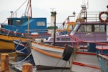 Multiple colorful fishing boats are docked at a waterfront with various names and numbers visible on their sides. Seagulls perch on some of the boats, and the dock is lined with weathered posts and ropes. The scene is calm and serene, with overcast skies in the background.