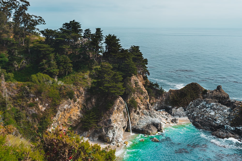 green trees on brown rocky mountain beside blue sea under white sky during daytime