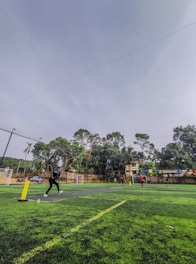 A group of people are playing a game of cricket on a grassy field surrounded by trees and a few buildings. The player on the left is batting, as another person bowls from the right. The playing area is enclosed by a net and contains cricket stumps and a pitch.
