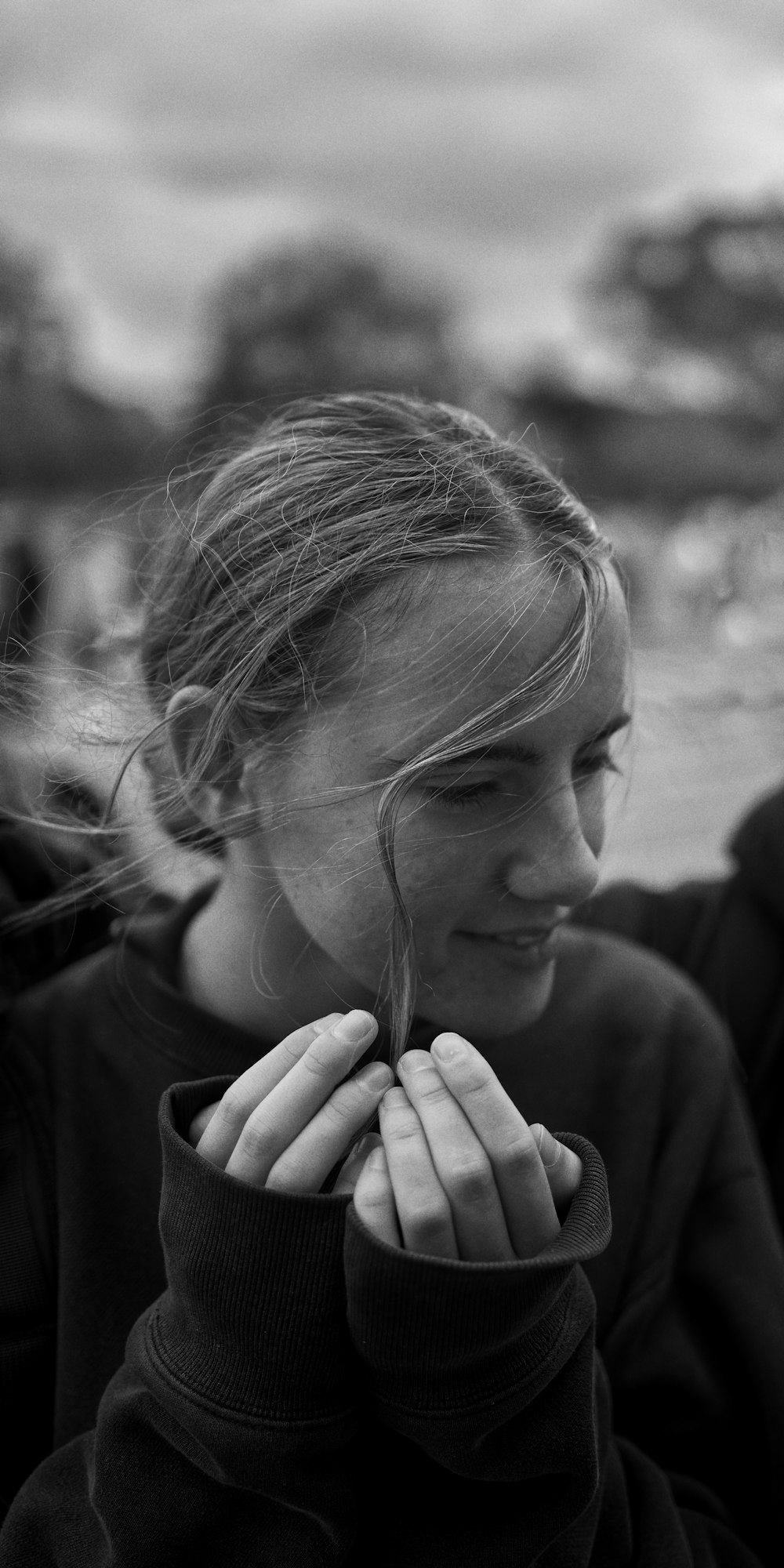 grayscale photo of woman in black jacket