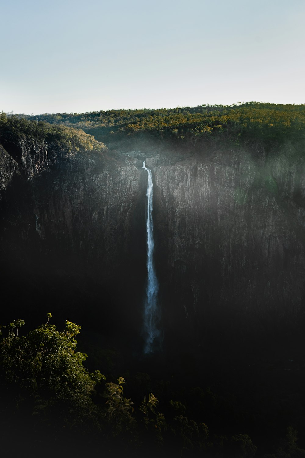 waterfalls in the middle of green trees