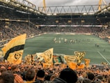A large, packed stadium during a soccer match with fans waving yellow and black flags, creating a lively and vibrant atmosphere. The crowd is dense, with many people visibly engaged and cheering. Players can be seen on the field, along with some officials and staff.
