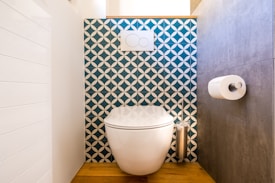 A modern bathroom features a white toilet positioned against a decorative wall with a geometric blue and white tile pattern. To the right, a roll of toilet paper is mounted on a gray wall. The floor is covered in wooden tiles, and there is a metallic toilet brush holder beside the toilet.