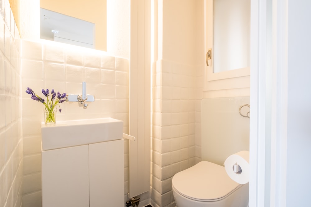 white ceramic toilet bowl beside white ceramic sink