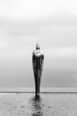 A reflective metallic statue resembling a humanoid figure stands amidst a serene water body, casting a structured reflection on the water's surface. The sky is overcast, giving the scene a tranquil yet mysterious ambiance.
