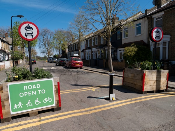 Signage on street planter to denote Low Traffic Neighbourhood area.