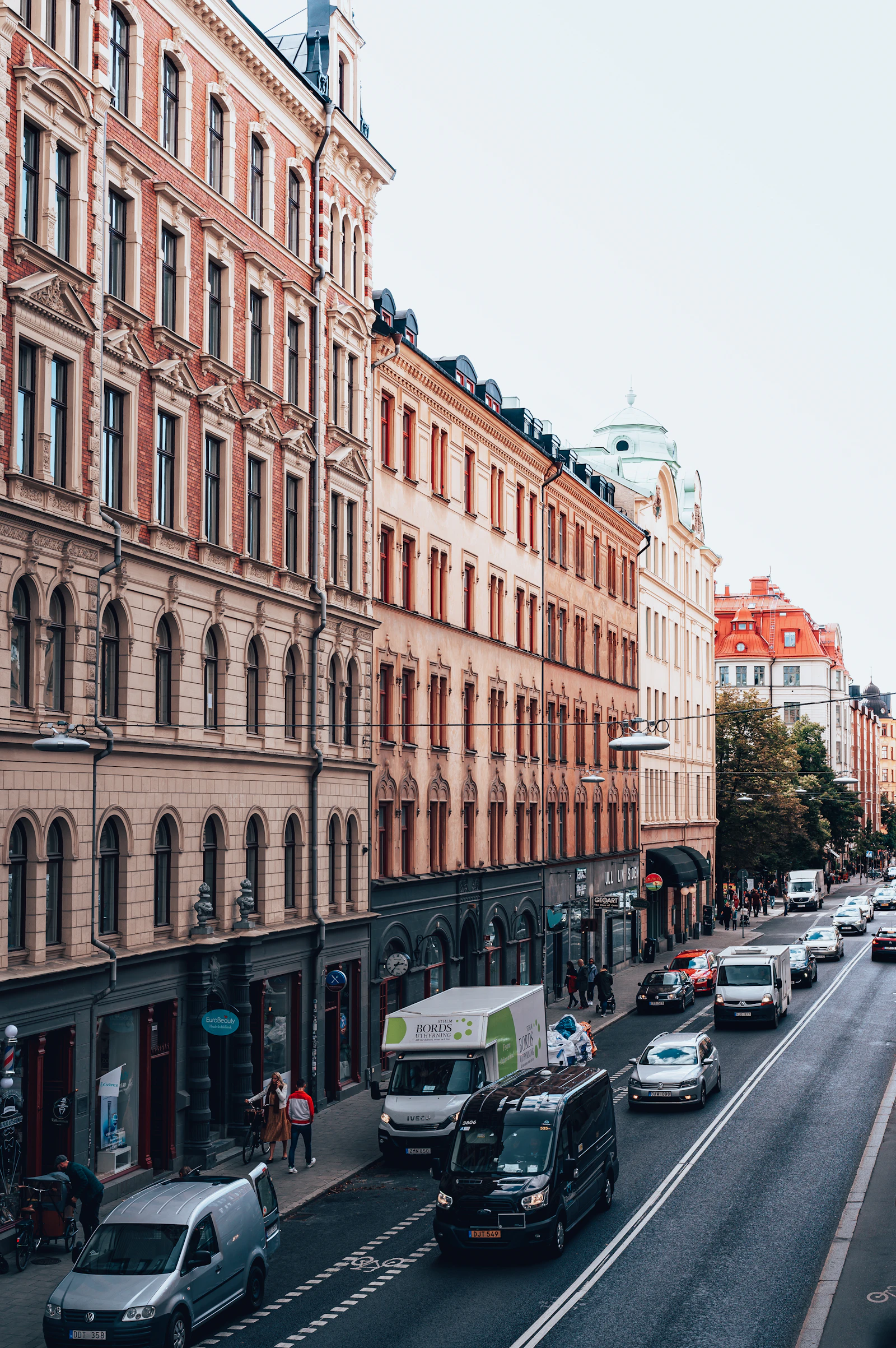 Cars and pedestrians share a central Stockholm street