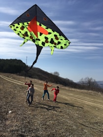Children playing in the neighborhood park with colorful kites soaring overhead.