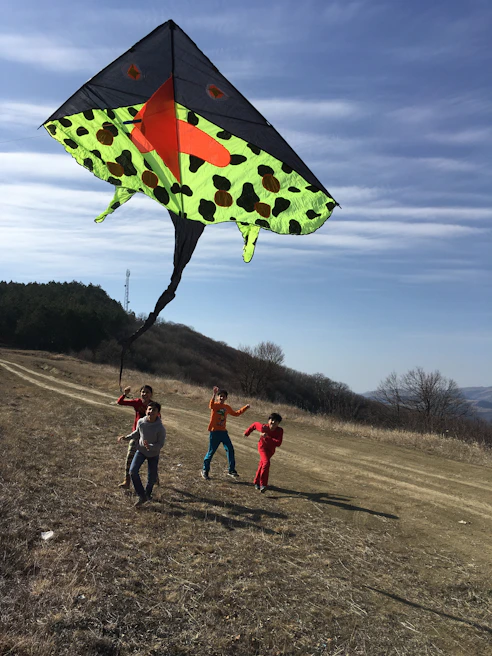 Children playing happily on the grass with kites soaring in the clear blue sky