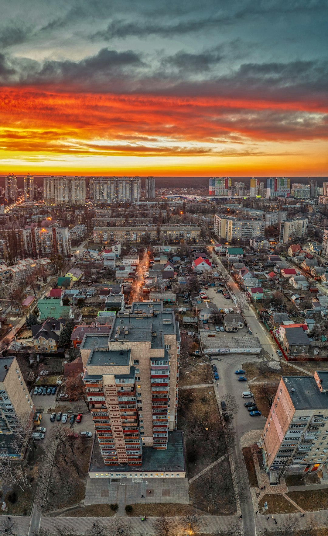 aerial view of city during sunset