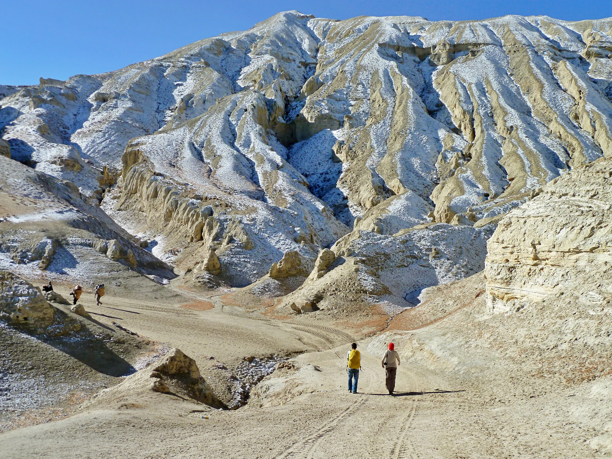 Trekkers walking a sandy trail through the eroded ochre cliffs and high desert of Upper Mustang, Nepal