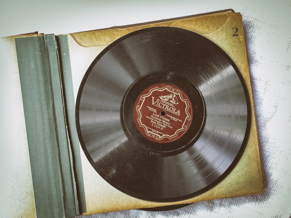 black vinyl record on brown textile