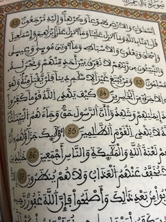 A page from a religious text written in Arabic calligraphy. The text is framed with an ornate floral border, and several verses are marked with decorative golden circles containing numbers.