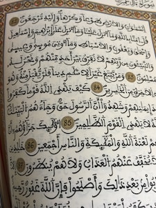 A page from a religious text written in Arabic calligraphy. The text is framed with an ornate floral border, and several verses are marked with decorative golden circles containing numbers.