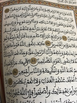 A page from a religious text written in Arabic calligraphy. The text is framed with an ornate floral border, and several verses are marked with decorative golden circles containing numbers.