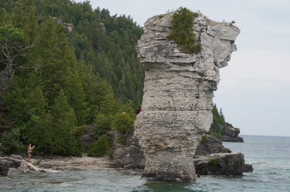 gray rock formation on body of water during daytime