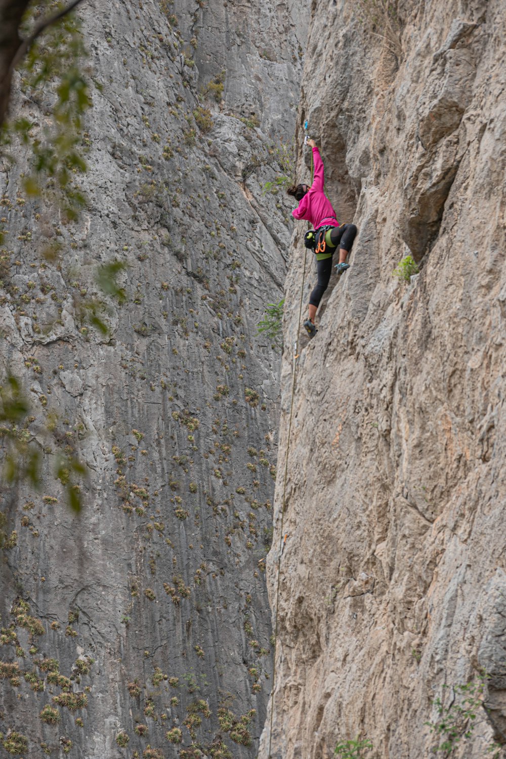 Donna in giacca rosa che si arrampica sulla montagna rocciosa durante il giorno