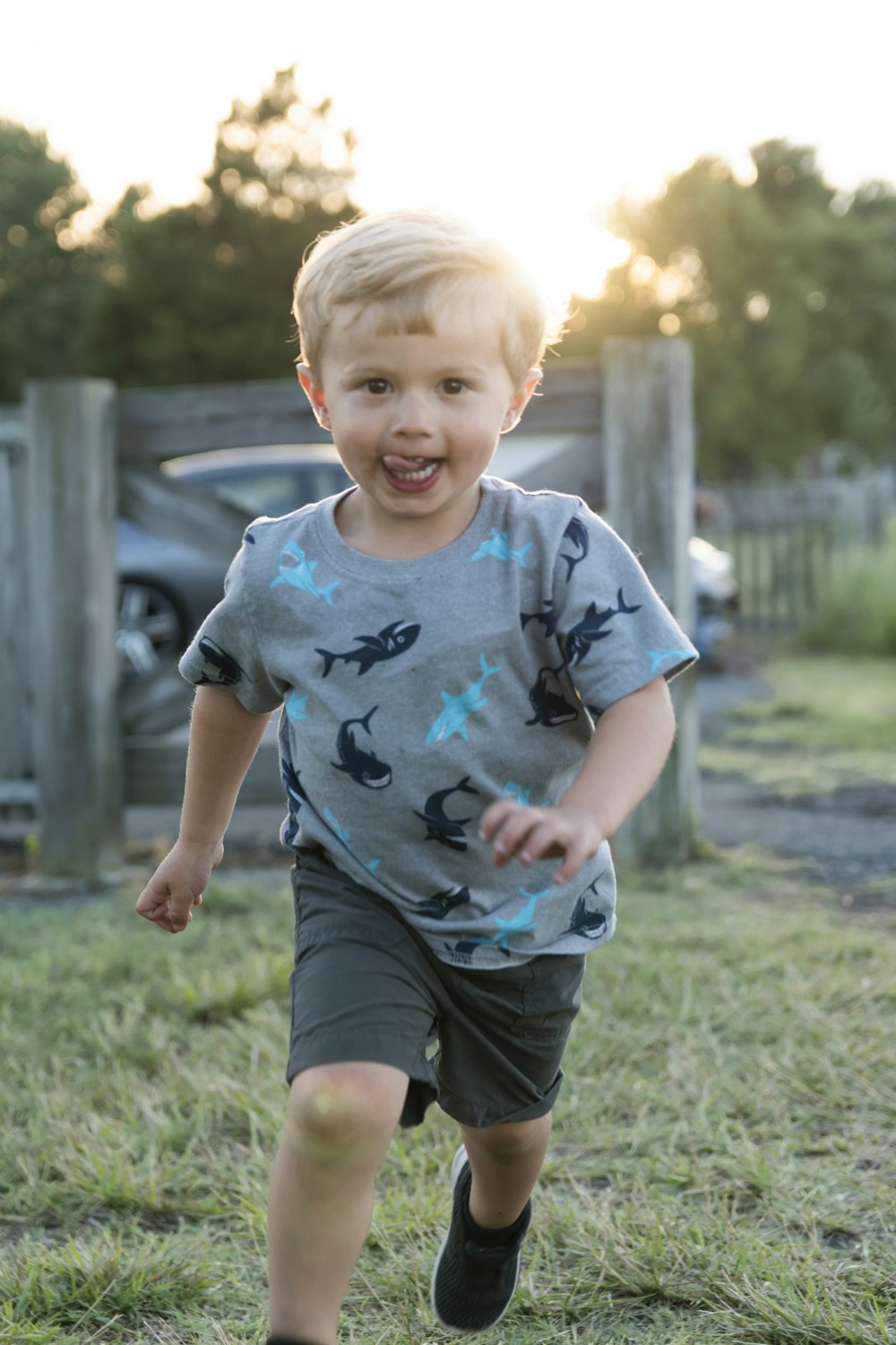 boy in blue crew neck t-shirt and blue denim shorts standing on green grass field