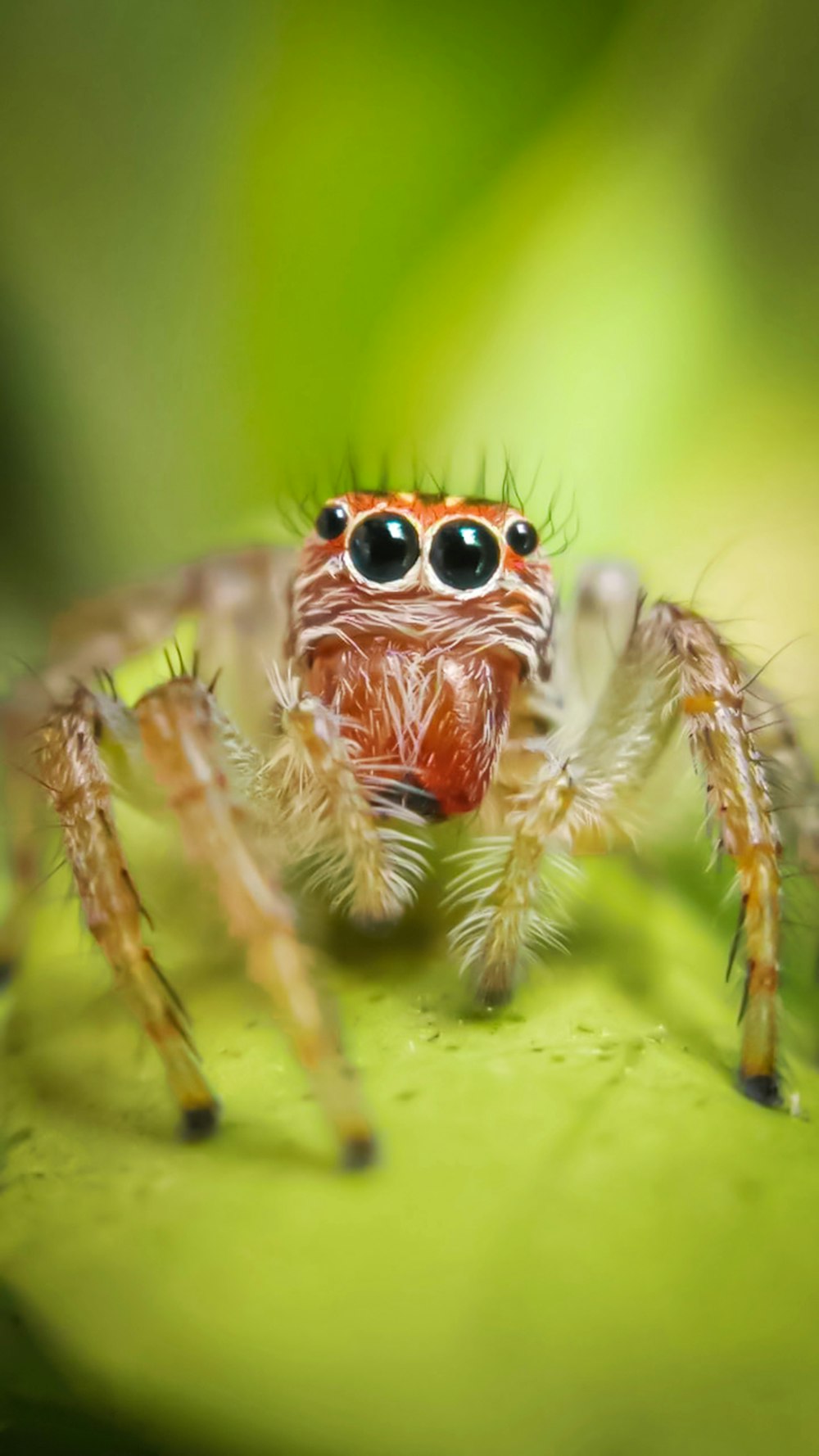 brown and black spider on green leaf