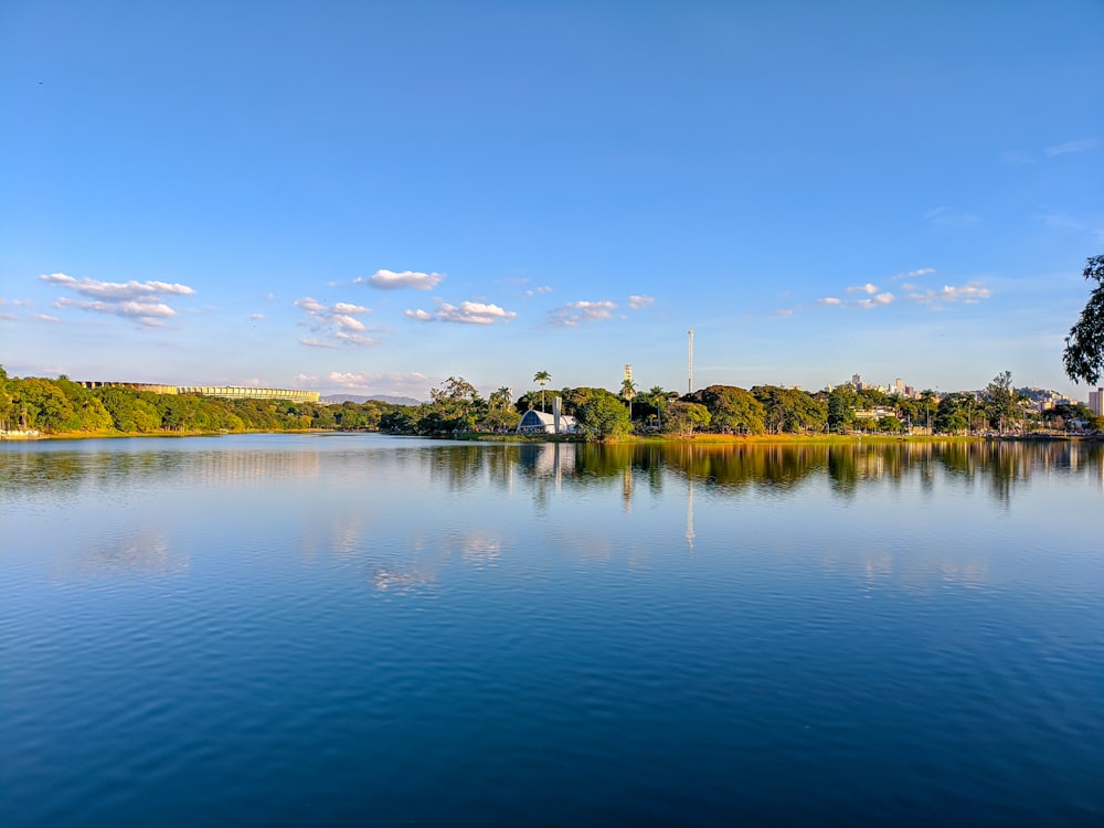 árboles verdes al lado del lago bajo el cielo azul durante el día