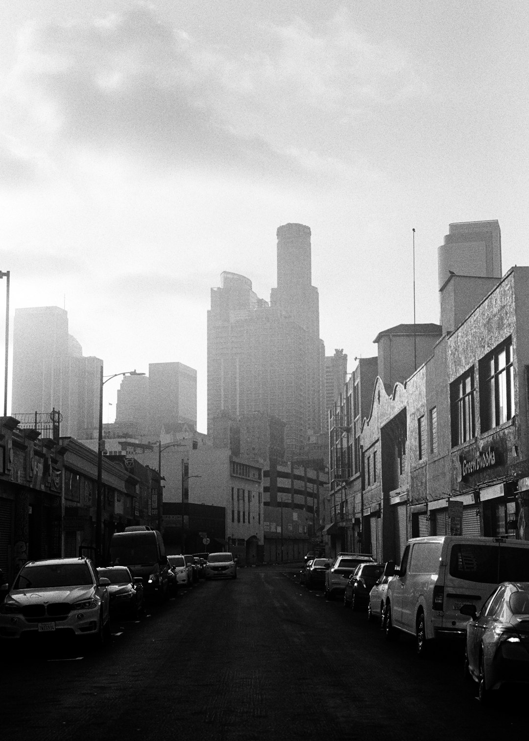 grayscale photo of city buildings