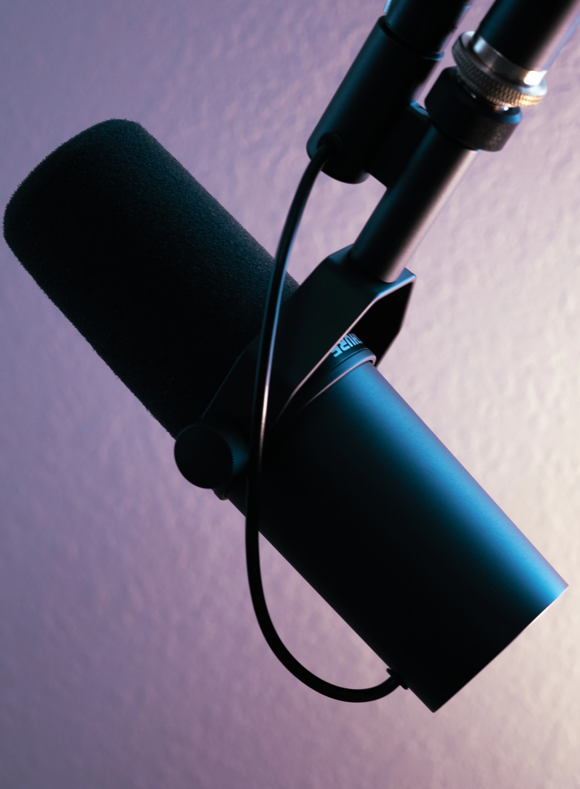 Close-up of a podcast microphone