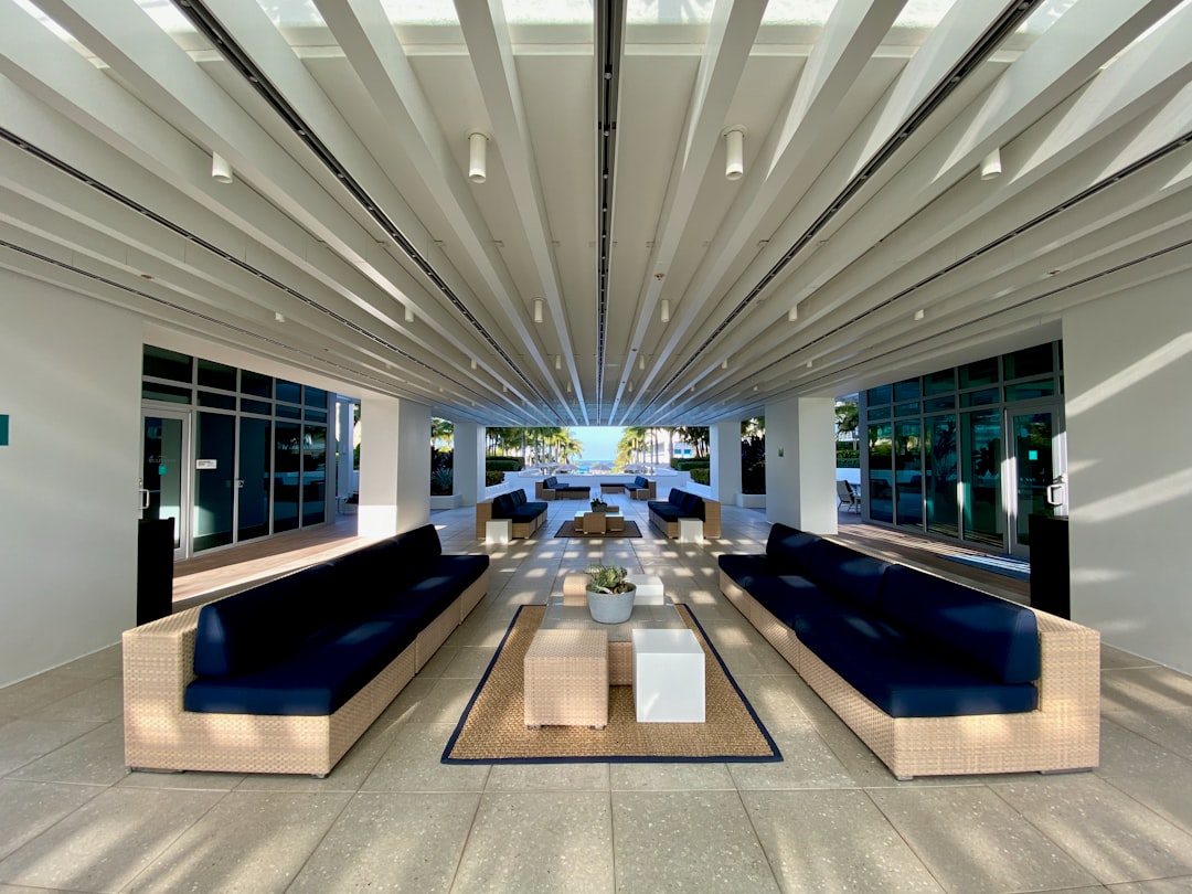 white and blue building interior, Made in the shade.