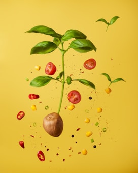 A potato plant is suspended in mid-air against a bright yellow background. The plant has green leaves and is accompanied by floating slices of tomato, pieces of red and yellow bell peppers, chopped green onion, and various spices and pepper flakes. The composition creates a dynamic and lively arrangement.