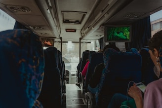 The interior of a bus where passengers are seated. A television screen at the front shows a scene from a movie or documentary, with a person in a green environment. Blue patterned upholstery covers the seats. A few passengers are visible, with one using a smartphone. The atmosphere appears calm and the lighting is subdued.