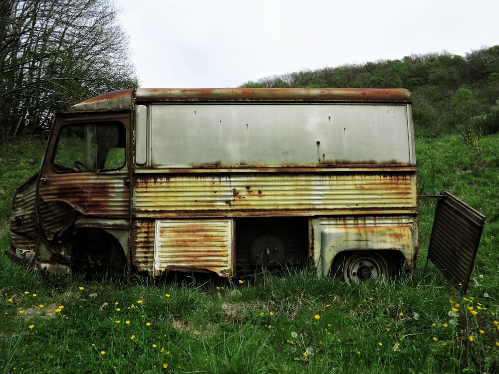 brown and white vintage van on green grass field during daytime