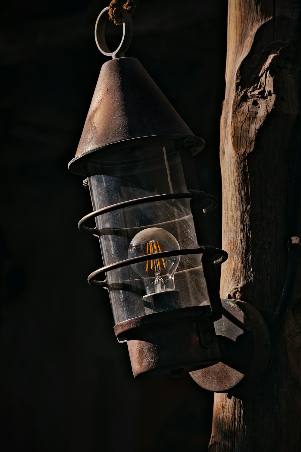 lanterna a candela in metallo nero su tronco d'albero marrone