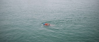 A single swimmer wearing a blue swim cap and goggles is moving through calm, open water. The swimmer is using a freestyle stroke and the water appears calm, expansive, and blue-green in color.