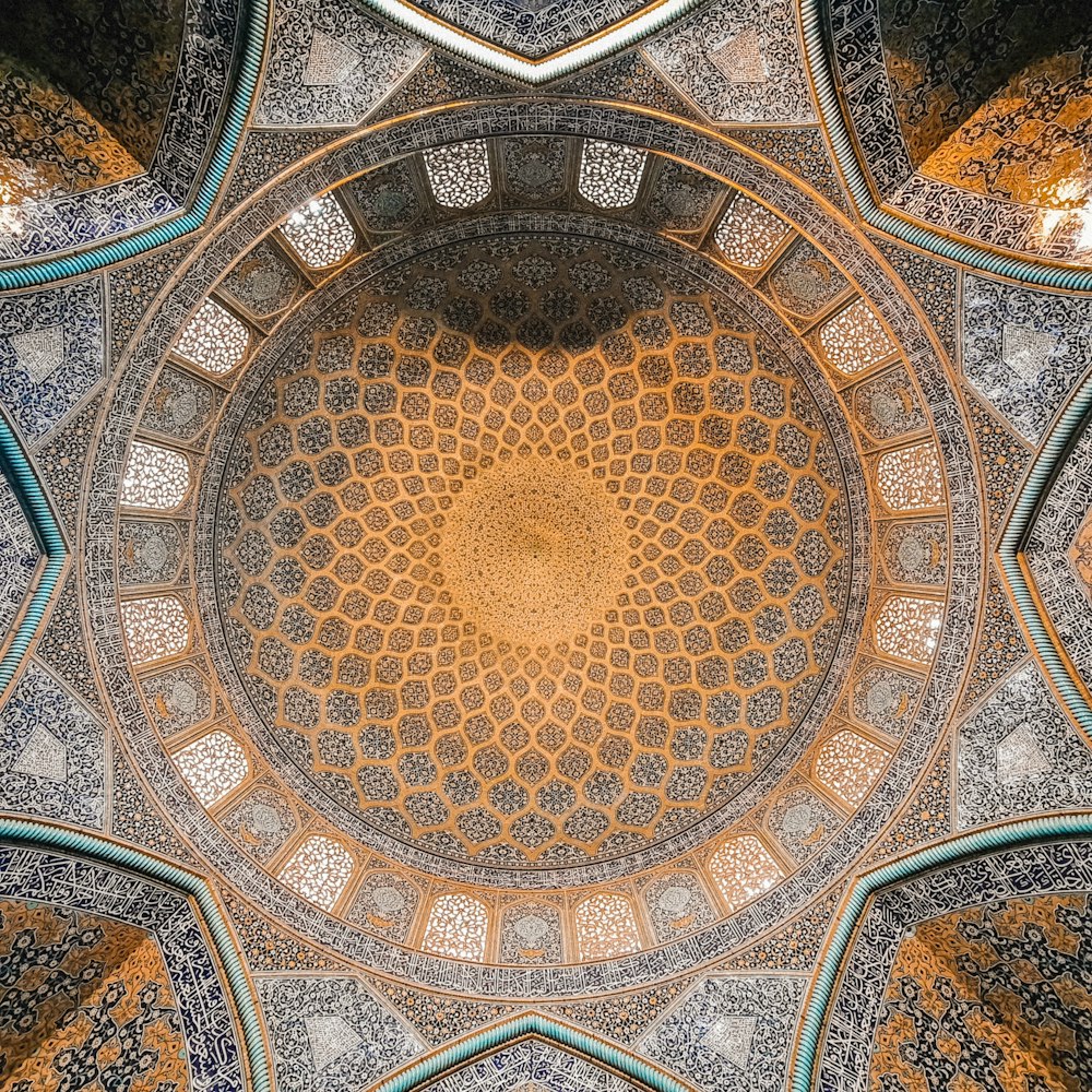 brown and blue floral round ceiling