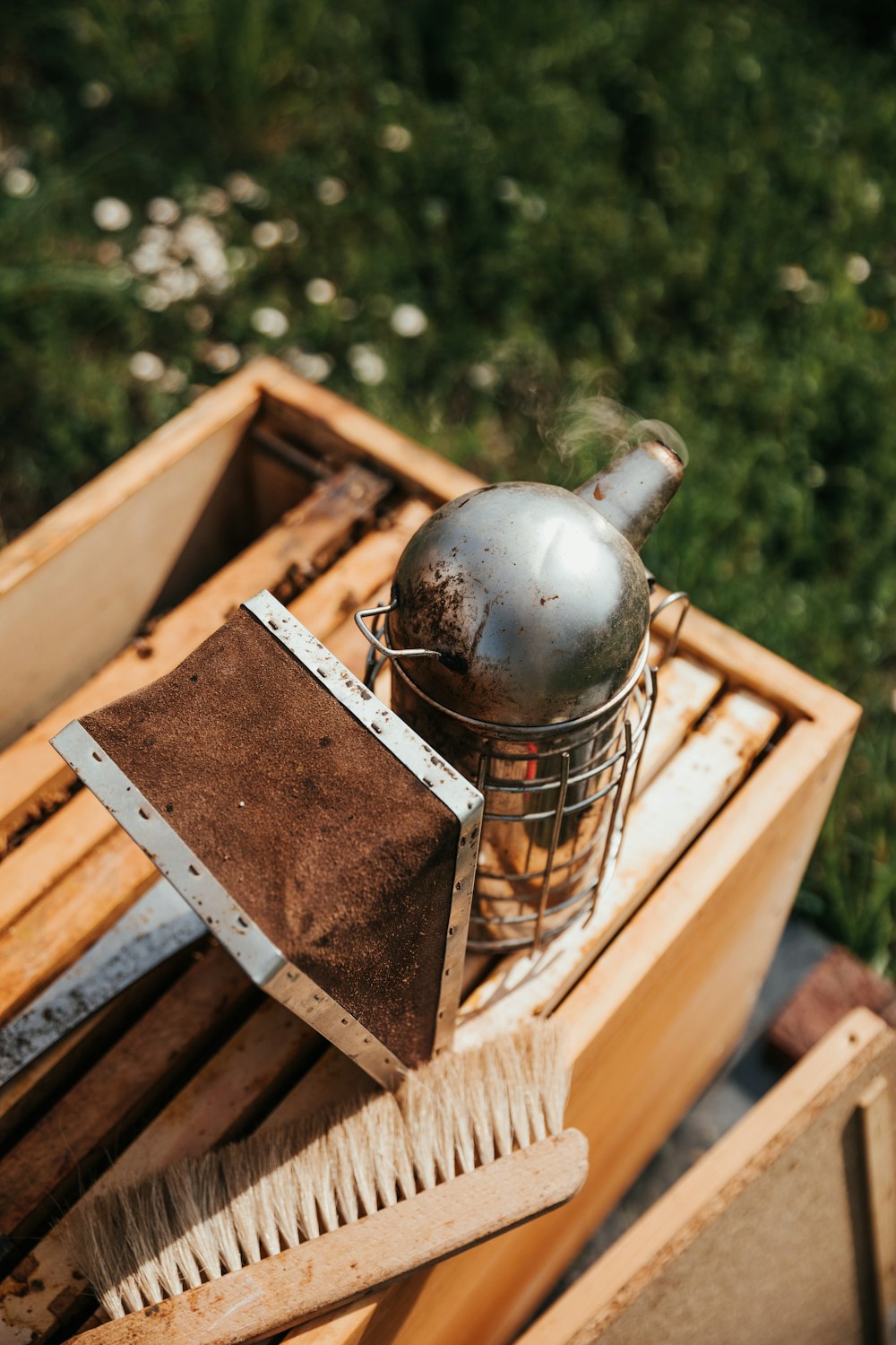 black helmet on brown wooden frame