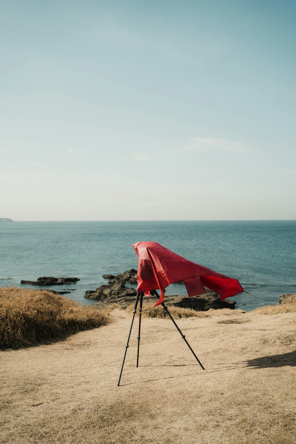red and black folding chair on brown sand near body of water during daytime