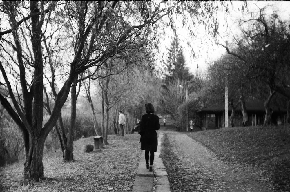 grayscale photo of person walking on pathway between trees