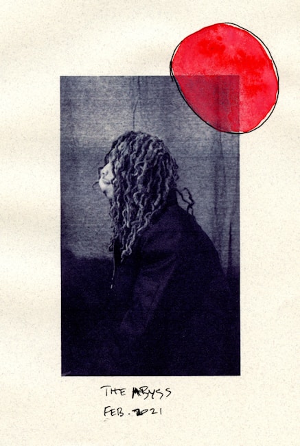A monochromatic profile of a figure with long, curly hair and a dark garment. Positioned within a rectangular frame on a light background, a vivid red circle overlaps the top right corner of the frame. Handwritten text below the image reads 'The Abyss Feb. 2021'.