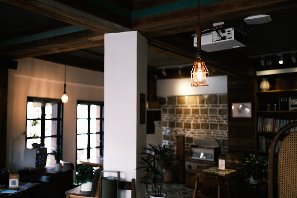 brown and white pendant lamp