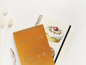 Two spiral-bound notebooks are placed on a light, neutral surface. The first notebook has a golden cover with the text 'TOGETHER is our FAVORITE Place to be' written in a decorative font. The second notebook features an illustration of a cake topped with a cherry and some decorative icing, with text background in a light beige color. To the left of the notebooks, there is a clear pen and two fluffy, white decorative plants.