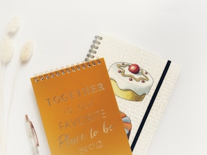 Two spiral-bound notebooks are placed on a light, neutral surface. The first notebook has a golden cover with the text 'TOGETHER is our FAVORITE Place to be' written in a decorative font. The second notebook features an illustration of a cake topped with a cherry and some decorative icing, with text background in a light beige color. To the left of the notebooks, there is a clear pen and two fluffy, white decorative plants.