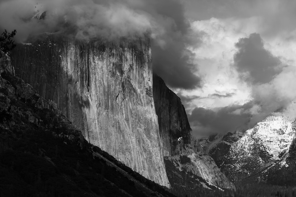 grayscale photo of rocky mountain