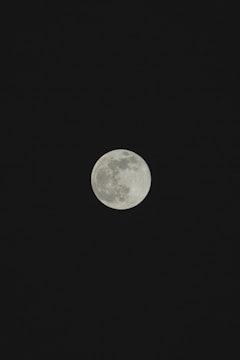 A full moon is prominently displayed against a backdrop of a dark night sky. The lunar surface features are visible, providing a textured and detailed view.