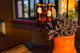 brown and white labeled bottle