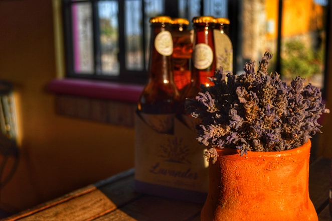 brown and white labeled bottle
