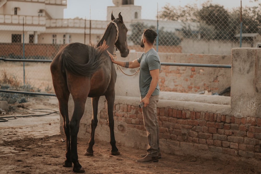 man in blue t-shirt and blue denim shorts standing beside brown horse during daytime