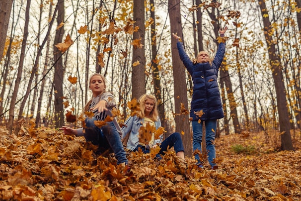 Children playing in a pile of fallen leaves in a park.