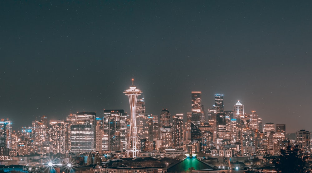 city skyline during night time